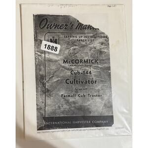 International Harvester McCormick Cub -144 Cultivator Farmall Cub Tractor Book